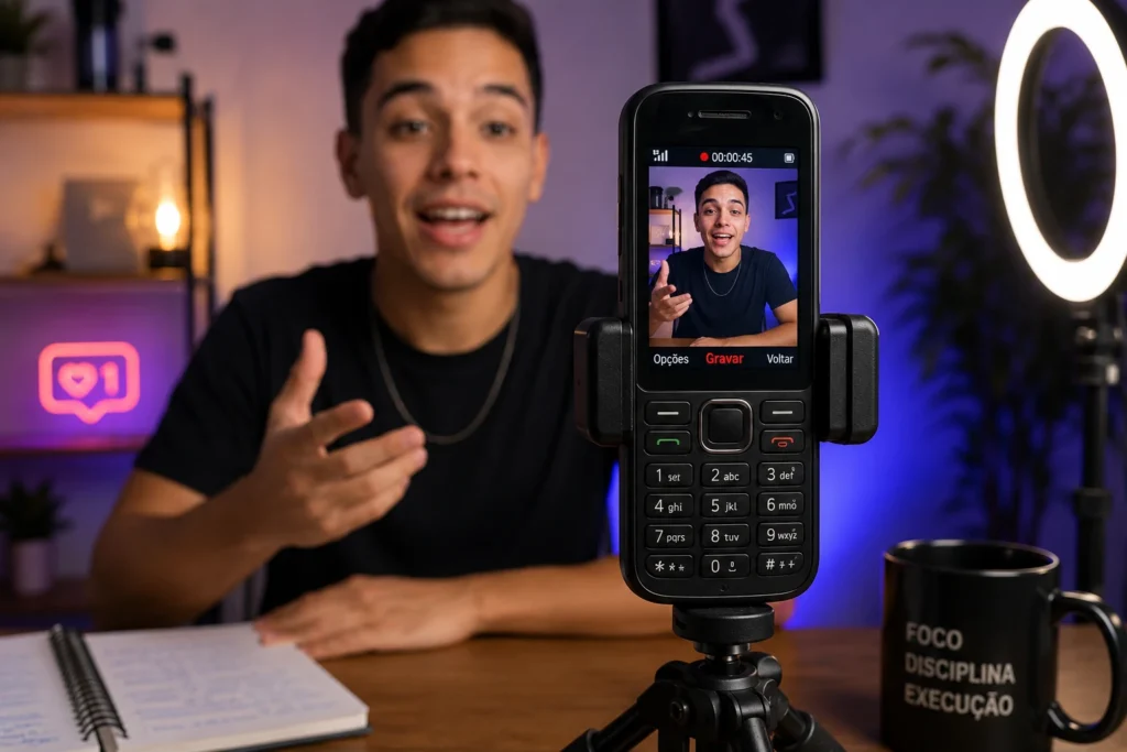 “Celular antigo preso em tripé gravando vídeo para redes sociais com iluminação moderna”