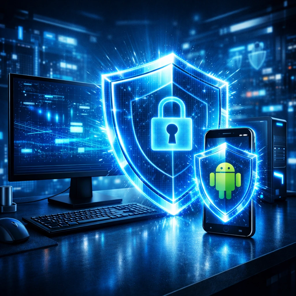 Computador e smartphone protegidos por escudo digital futurista representando segurança completa em 2026, iluminação azul tecnológica premium