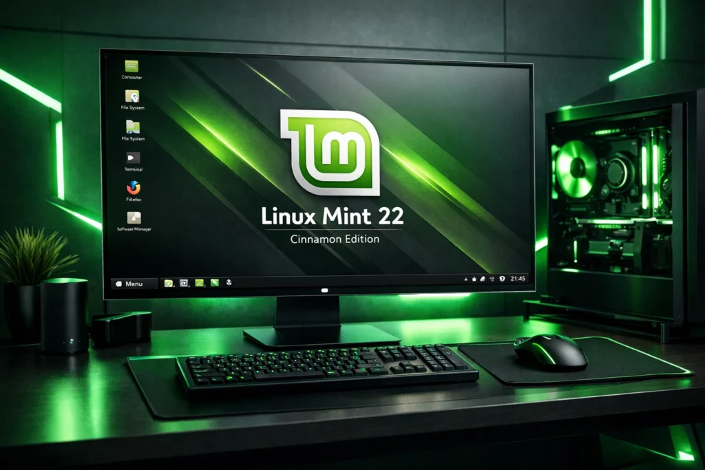 Computador moderno exibindo Linux Mint 22 na tela