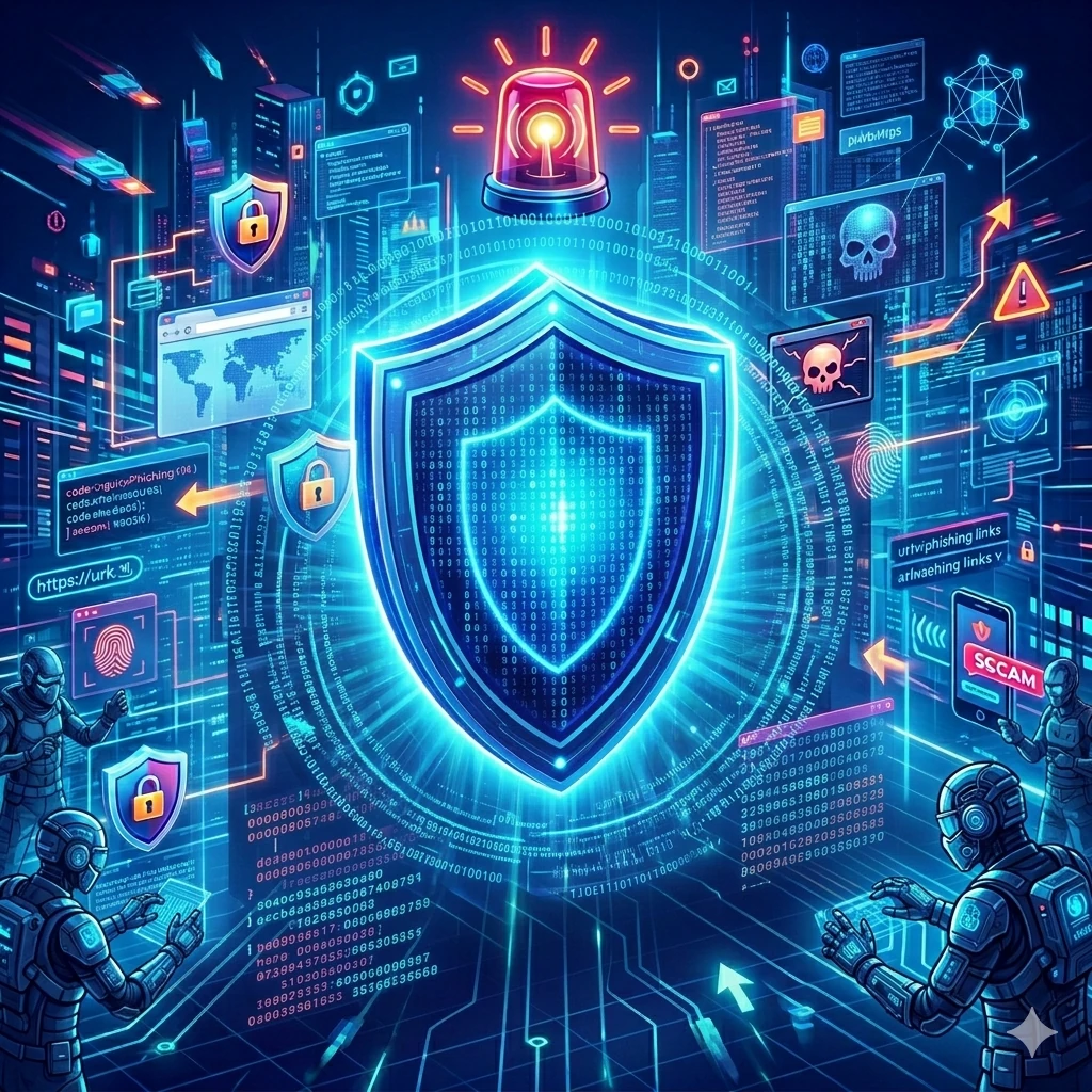 “Escudo digital brilhando cercado por códigos e hackers futuristas, visual cyberpunk moderno azul e ciano, atmosfera tecnológica de segurança digital”