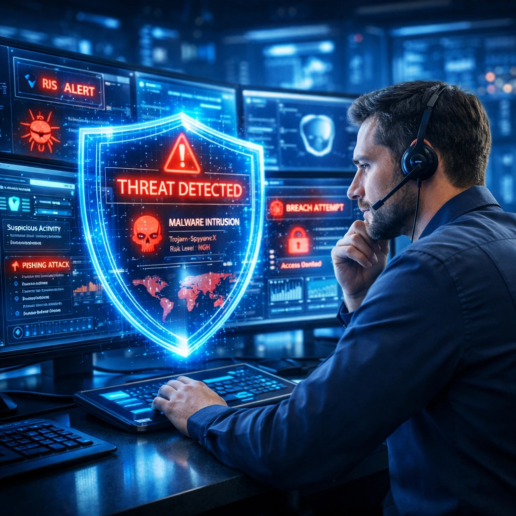 Especialista em tecnologia analisando ameaças digitais em múltiplas telas futuristas, ambiente cyber security profissional