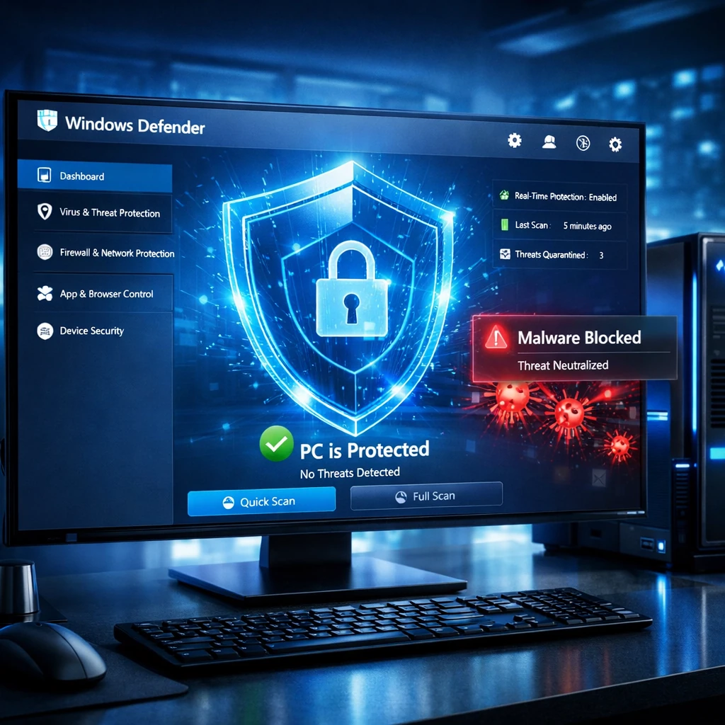 Interface moderna do Windows Defender protegendo computador contra malware, escudo digital azul futurista, visual tecnológico limpo e profissional