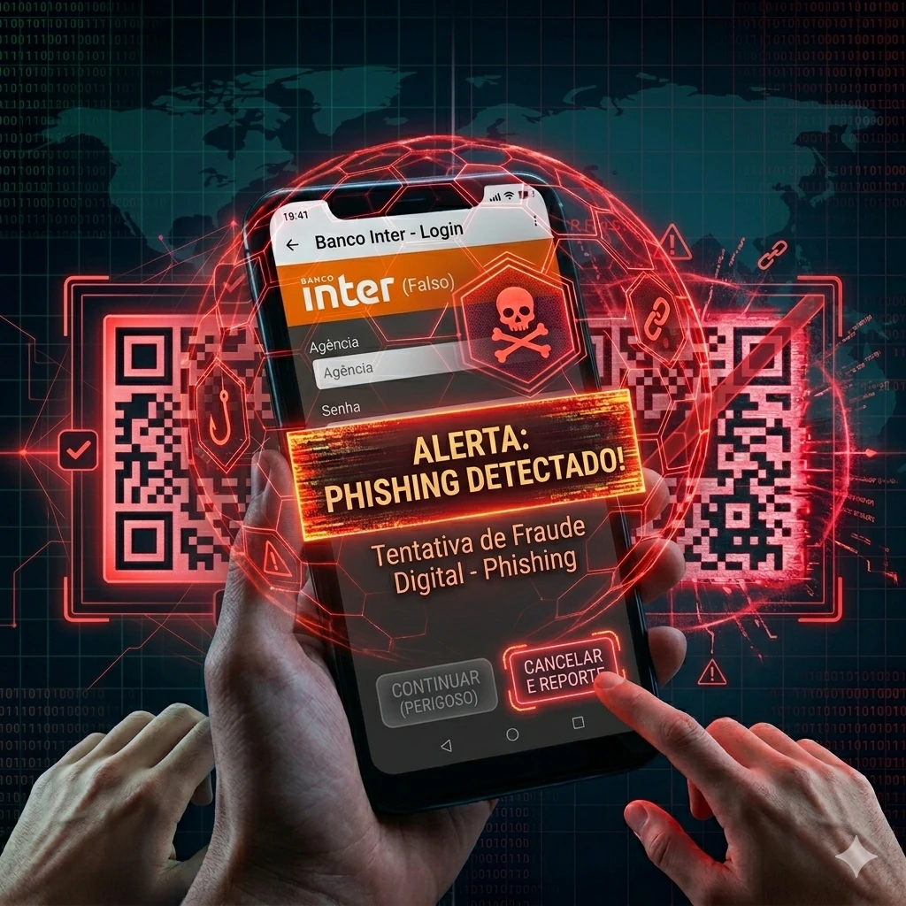 Página bancária falsa em smartphone Android com alerta vermelho de phishing digital futurista