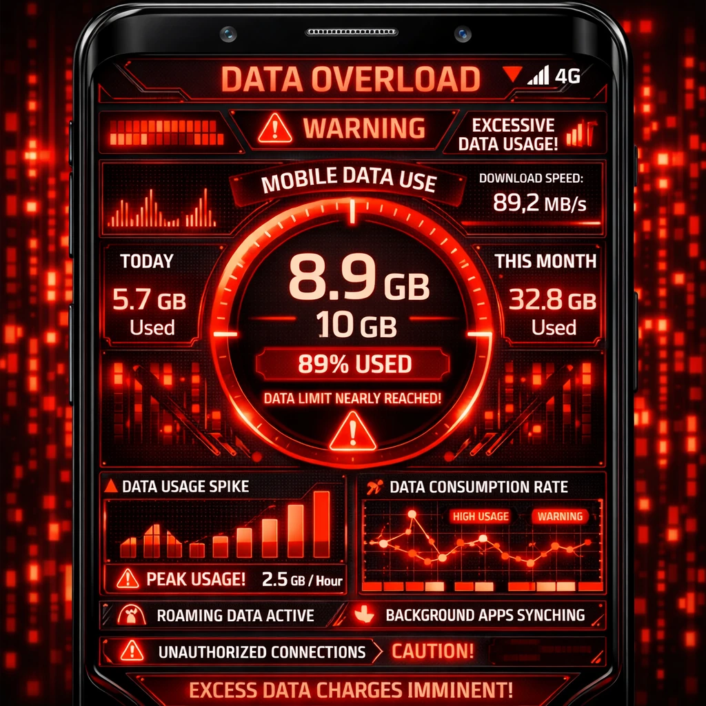 Smartphone Android com câmera ativa secretamente e alertas digitais de espionagem futurista