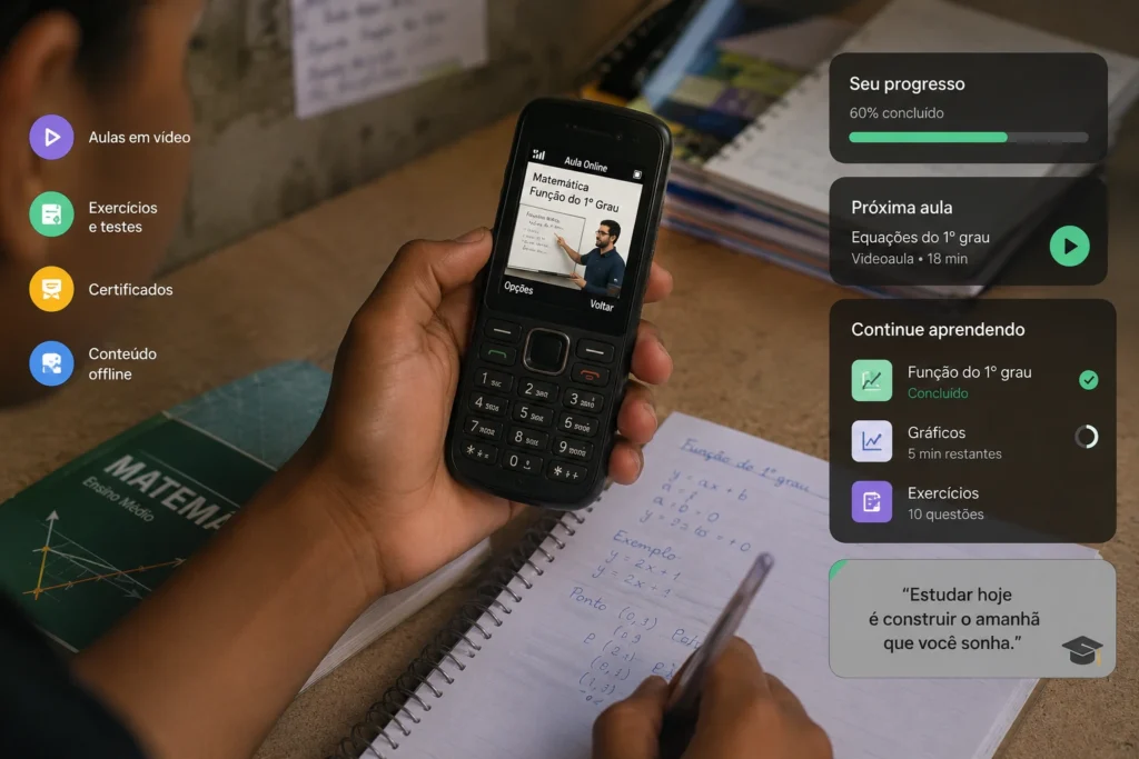 “Pessoa estudando pelo celular antigo com aulas online e interface moderna de aprendizado digital”