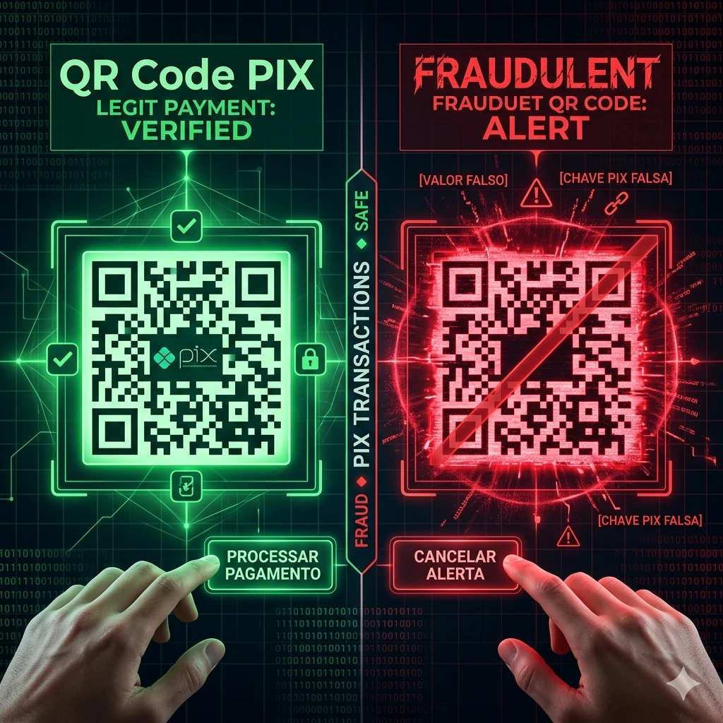 QR Code PIX falso brilhando em vermelho ao lado de pagamento legítimo verde, estilo tecnológico moderno