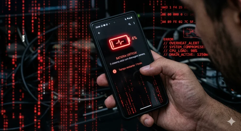 Smartphone Android com bateria drenando rapidamente enquanto códigos digitais vermelhos aparecem ao fundo