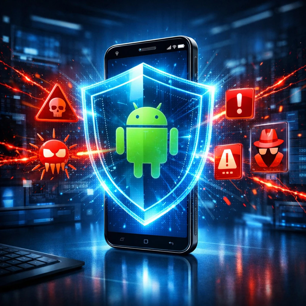 Smartphone Android protegido por escudo digital azul futurista bloqueando malware e aplicativos perigosos, visual tecnológico moderno