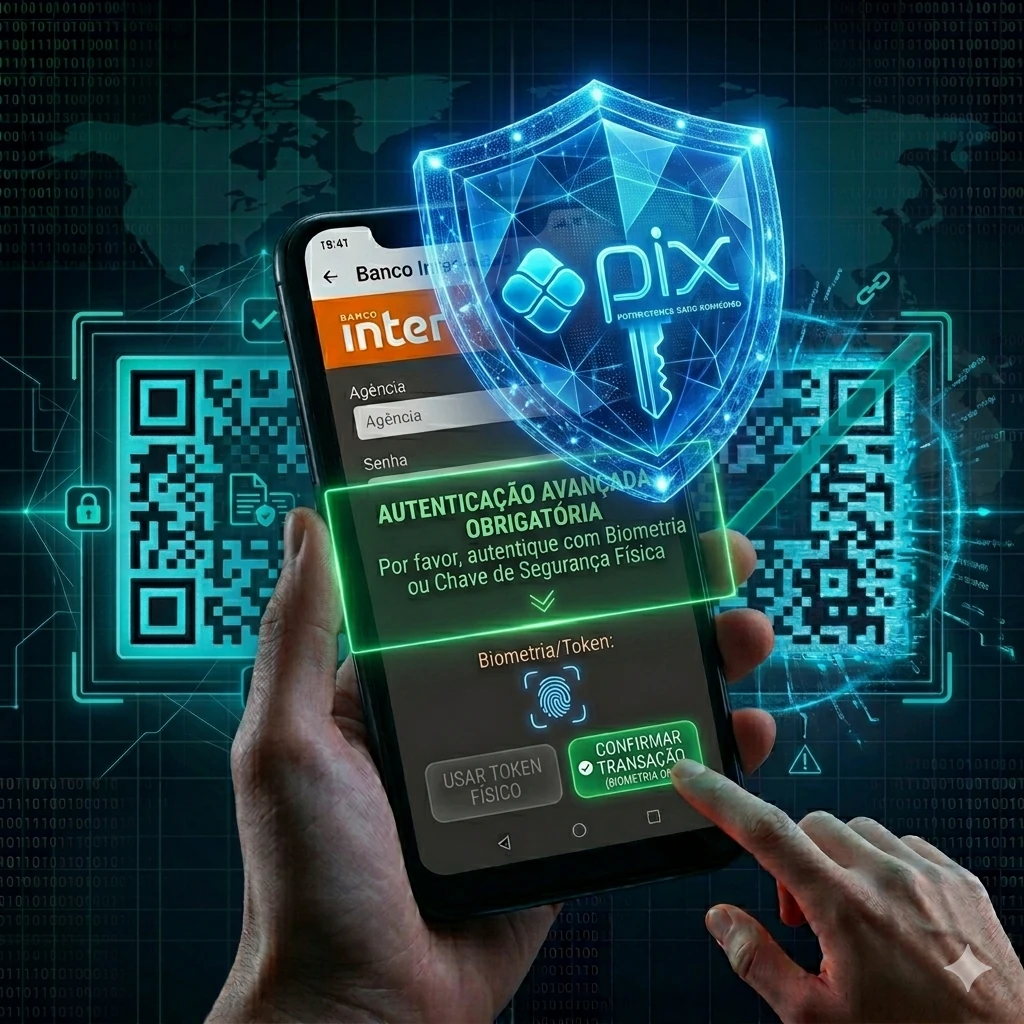 Usuário protegendo aplicativo bancário PIX com escudo digital azul futurista e autenticação avançada