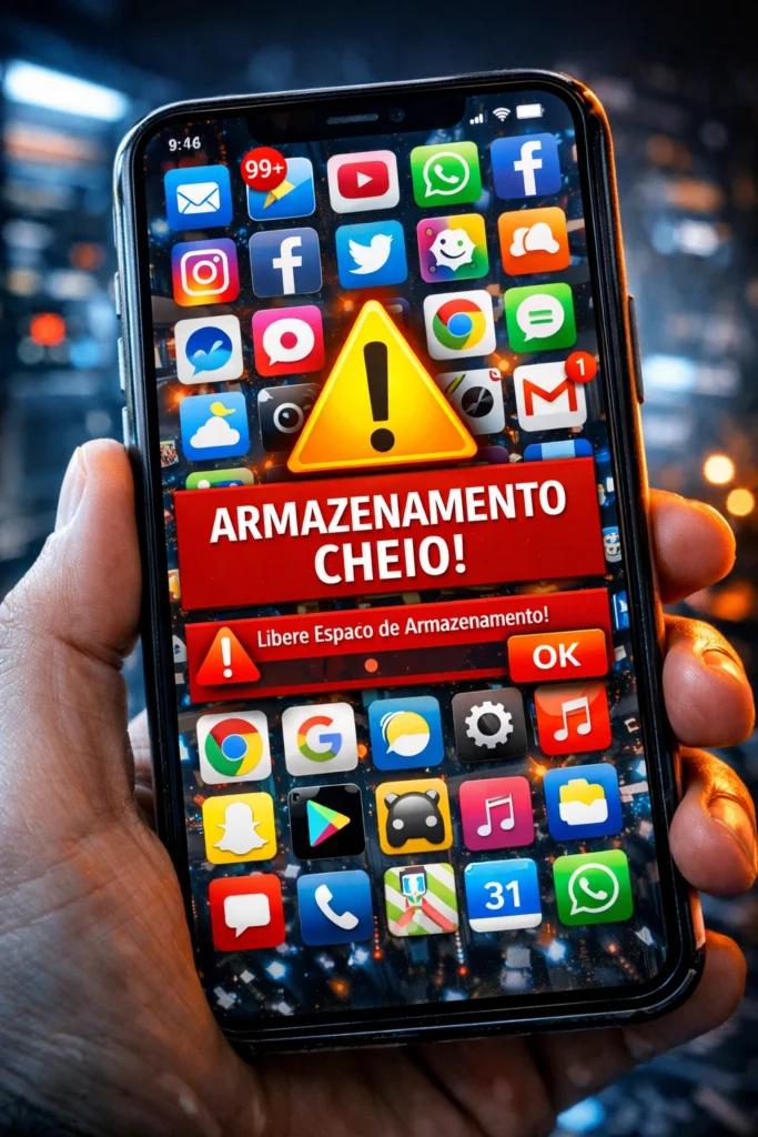 ela de smartphone exibindo muitos aplicativos instalados e alerta de armazenamento cheio