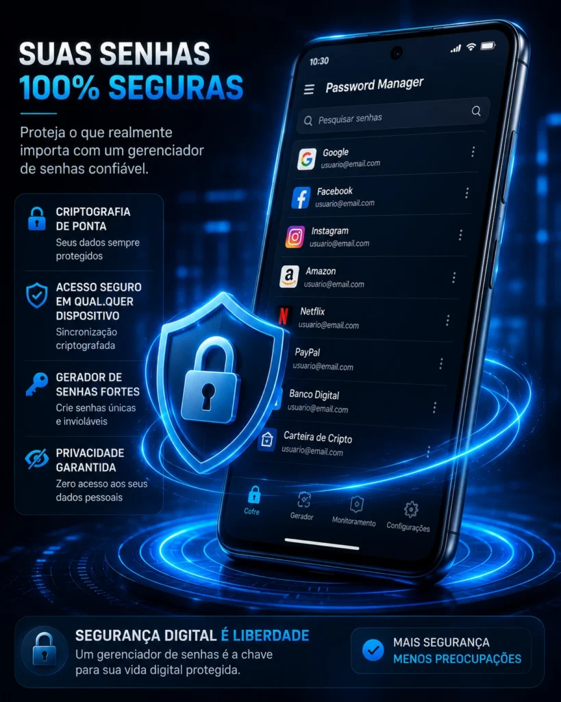 Aplicativo gerenciador de senhas protegendo credenciais digitais com escudo azul futurista, smartphone Android moderno, visual tecnológico profissional
