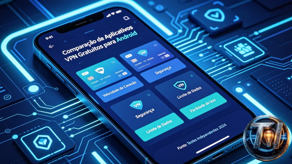 Comparação entre aplicativos VPN gratuitos em smartphone Android moderno, visual tecnológico azul futurista