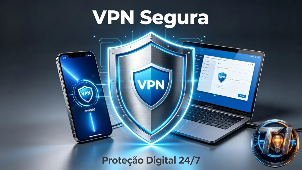 Escudo digital protegendo conexão VPN gratuita em smartphone Android e notebook, visual tecnológico premium