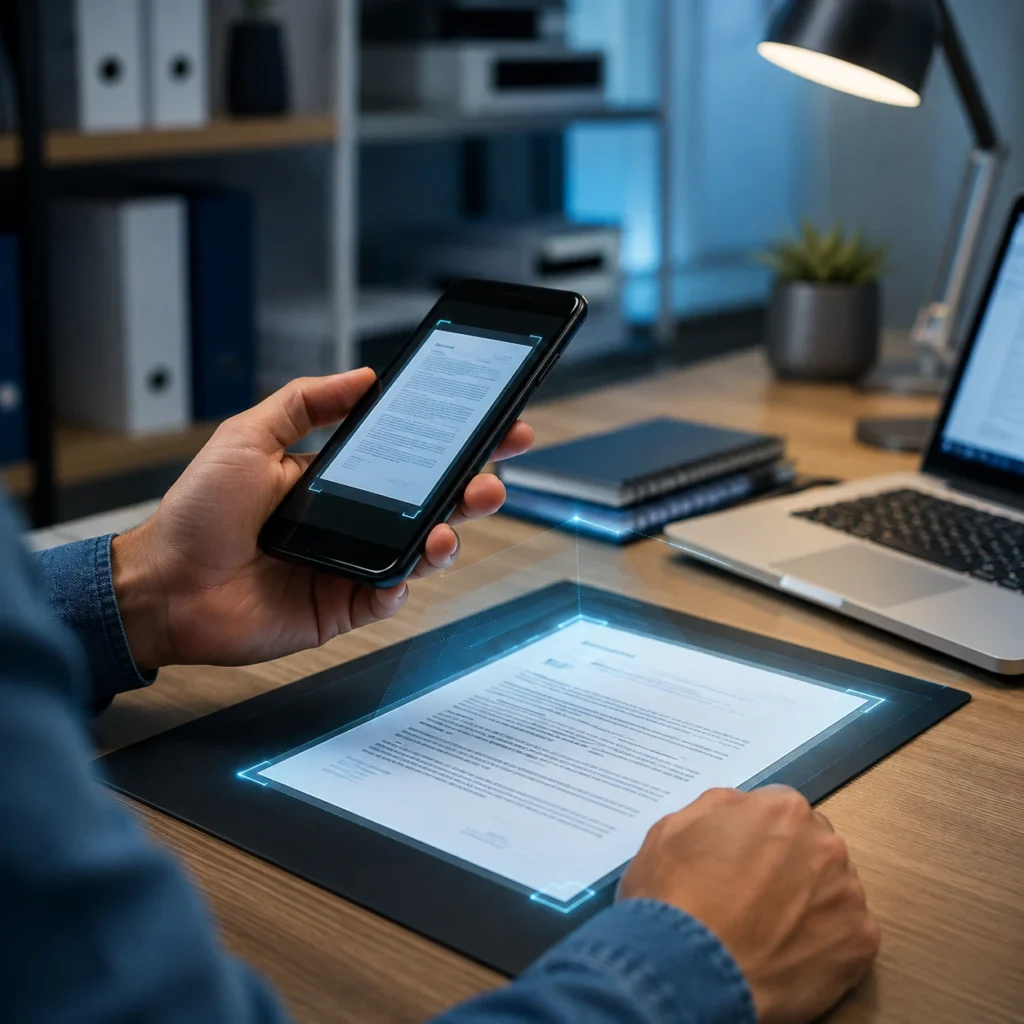 Pessoa digitalizando documentos com smartphone Android moderno, ambiente profissional, visual tecnológico limpo