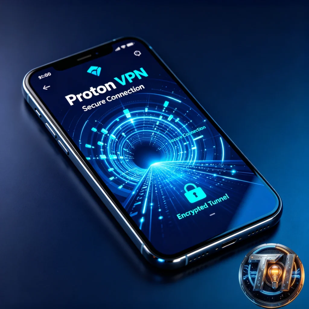 Smartphone Android utilizando Proton VPN com túnel criptografado azul futurista, visual premium de segurança digital