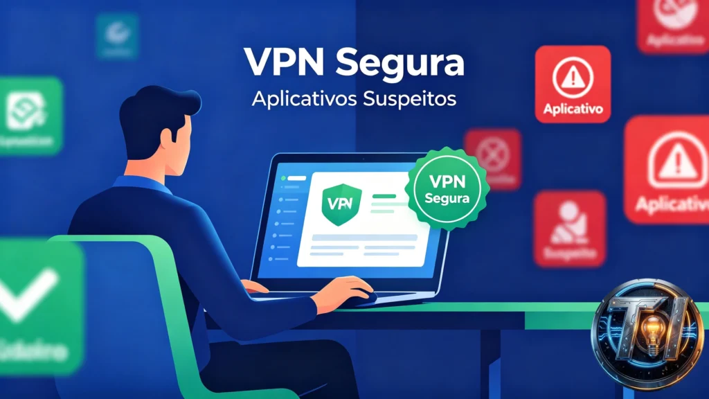 Usuário escolhendo VPN segura enquanto aplicativos suspeitos aparecem desfocados ao fundo, visual educativo tecnológico