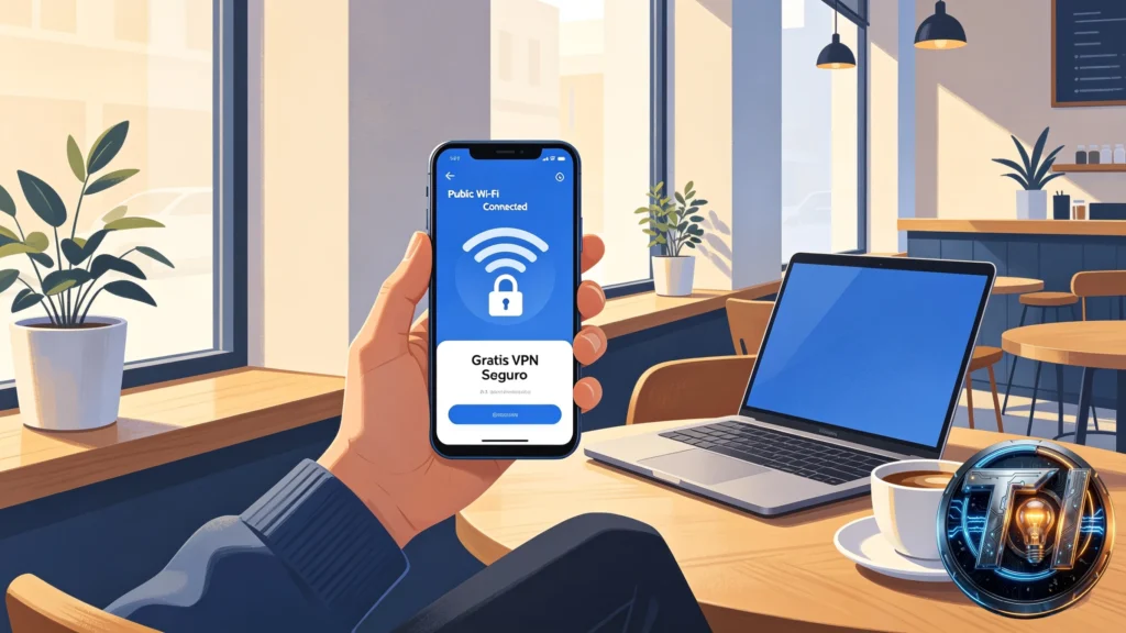 Usuário navegando com segurança em rede Wi-Fi pública usando VPN gratuita em smartphone Android, ambiente moderno