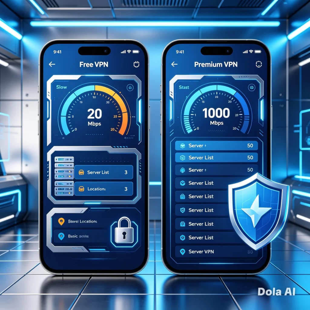 Comparação visual entre VPN gratuita e VPN premium exibida em interface tecnológica futurista azul, smartphone Android moderno