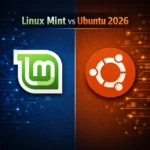 Imagem 1:1 fundo escuro tecnológico dividida ao meio, lado esquerdo logo Linux Mint verde, lado direito logo Ubuntu laranja, texto "Linux Mint vs Ubuntu 2026", estilo flat design profissional