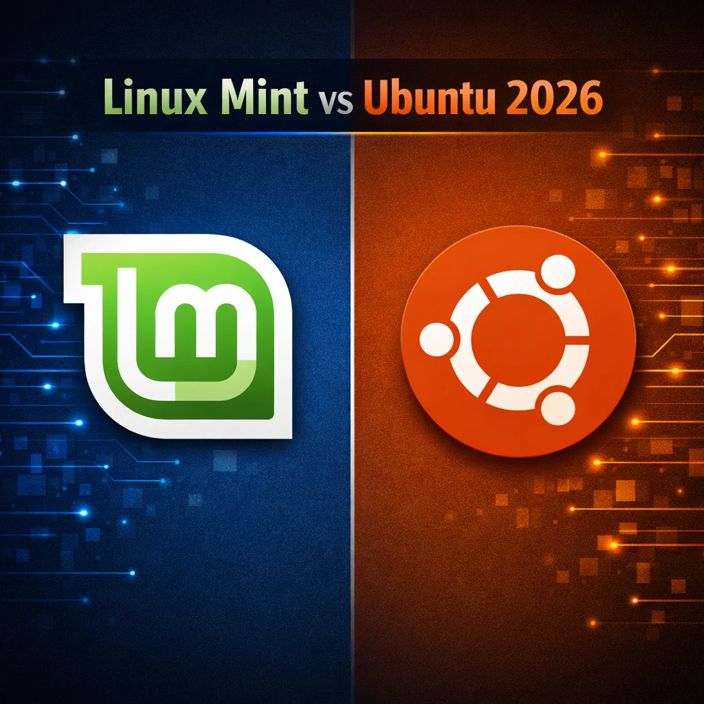 Imagem 1:1 fundo escuro tecnológico dividida ao meio, lado esquerdo logo Linux Mint verde, lado direito logo Ubuntu laranja, texto "Linux Mint vs Ubuntu 2026", estilo flat design profissional