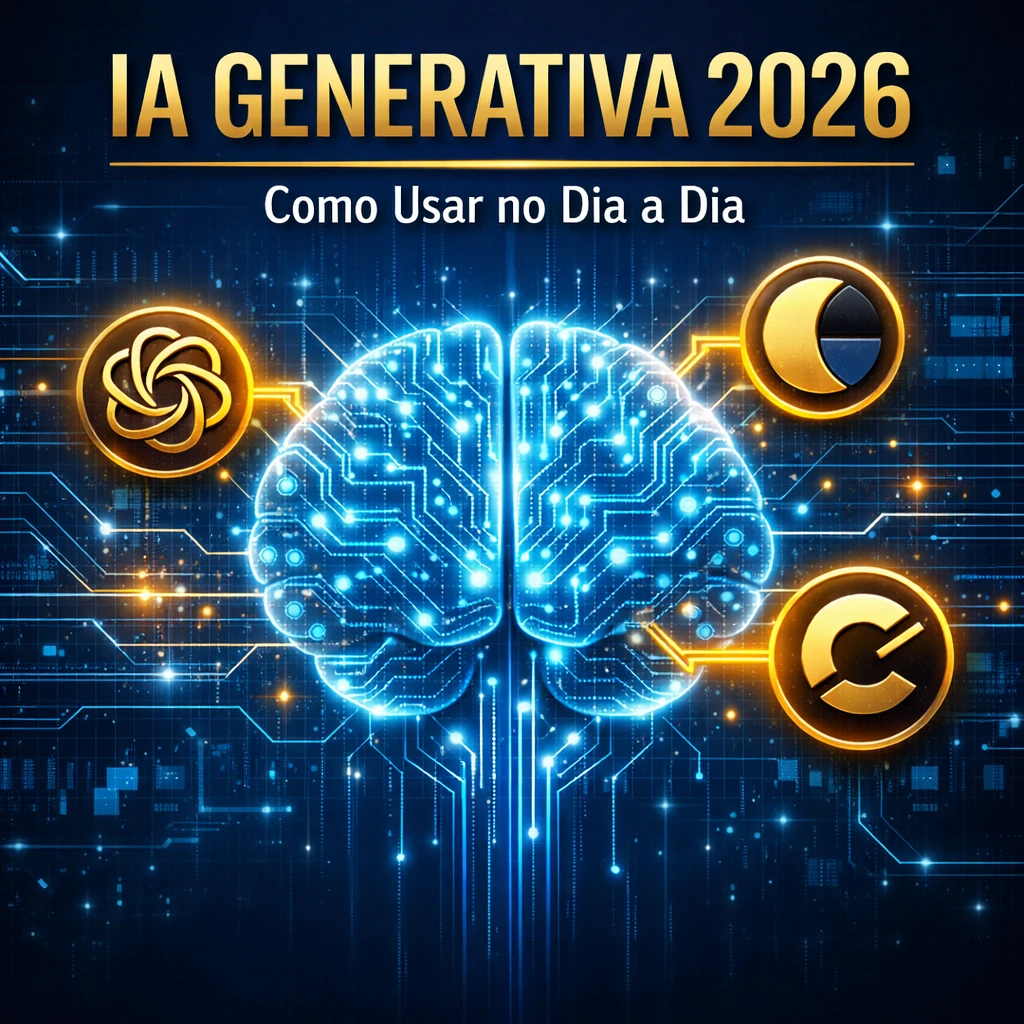 Imagem quadrada 11 com fundo escuro tecnológico azul, cérebro digital estilizado conectado a ícones de ChatGPT, Gemini e Claude em dourado, Sem texto, estilo editorial premium profissional