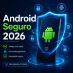 Smartphone Android com escudo digital luminoso ao redor, fundo escuro tecnológico azul, ícones de cadeado e proteção flutuando, texto "Android Seguro 2026", estilo flat design profissional, formato 1:1