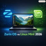 Imagem 1:1 fundo escuro tecnológico, lado esquerdo logo Zorin OS em azul, lado direito logo Linux Mint em verde, notebook ao centro com tela Linux, texto "Zorin OS vs Linux Mint 2026", estilo flat design profissional