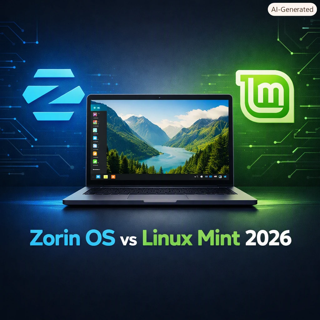 Imagem 1:1 fundo escuro tecnológico, lado esquerdo logo Zorin OS em azul, lado direito logo Linux Mint em verde, notebook ao centro com tela Linux, texto "Zorin OS vs Linux Mint 2026", estilo flat design profissional